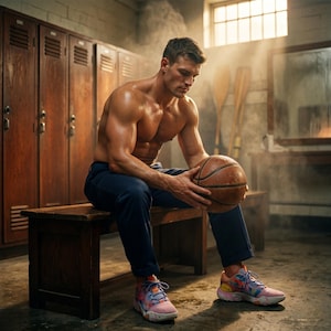 May include: A basketball held by a person sitting on a wooden bench in a locker room. The person is wearing blue pants and colorful sneakers. The basketball is brown with black lines. Wooden lockers are in the background.