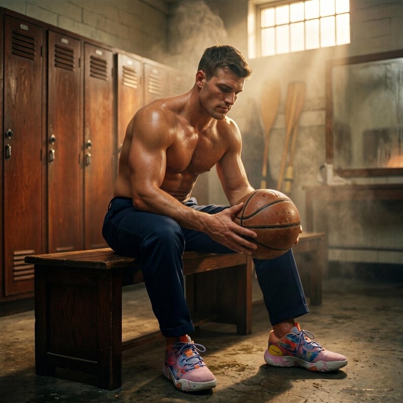 May include: A basketball held by a person sitting on a wooden bench in a locker room. The person is wearing blue pants and colorful sneakers. The basketball is brown with black lines. Wooden lockers are in the background.