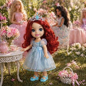 May include: A doll of a princess with red hair, wearing a light blue dress and shoes, and a tiara. The doll is standing in a garden setting with other dolls and a small table with a tea set. A basket of pink flowers is nearby.