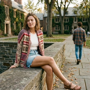 May include: A woman wearing a white t-shirt, denim skirt, and a patterned cardigan with fringe sits on a stone wall. She wears brown sandals. A person in a plaid shirt and jeans walks in the background.