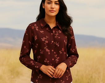 Blusa vintage marrón con bordado floral, transparente, estilo boho, con botones, talla grande para mujer