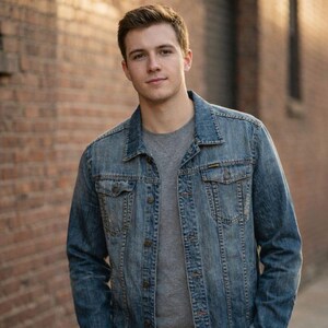 Może przedstawiać: Jeansowa kurtka w średnim odcieniu niebieskiego z zapięciem na guziki i kieszeniami na piersi. Kurtka jest noszona na szarej koszulce. Tło to ceglana ściana. Kurtka ma kołnierz.