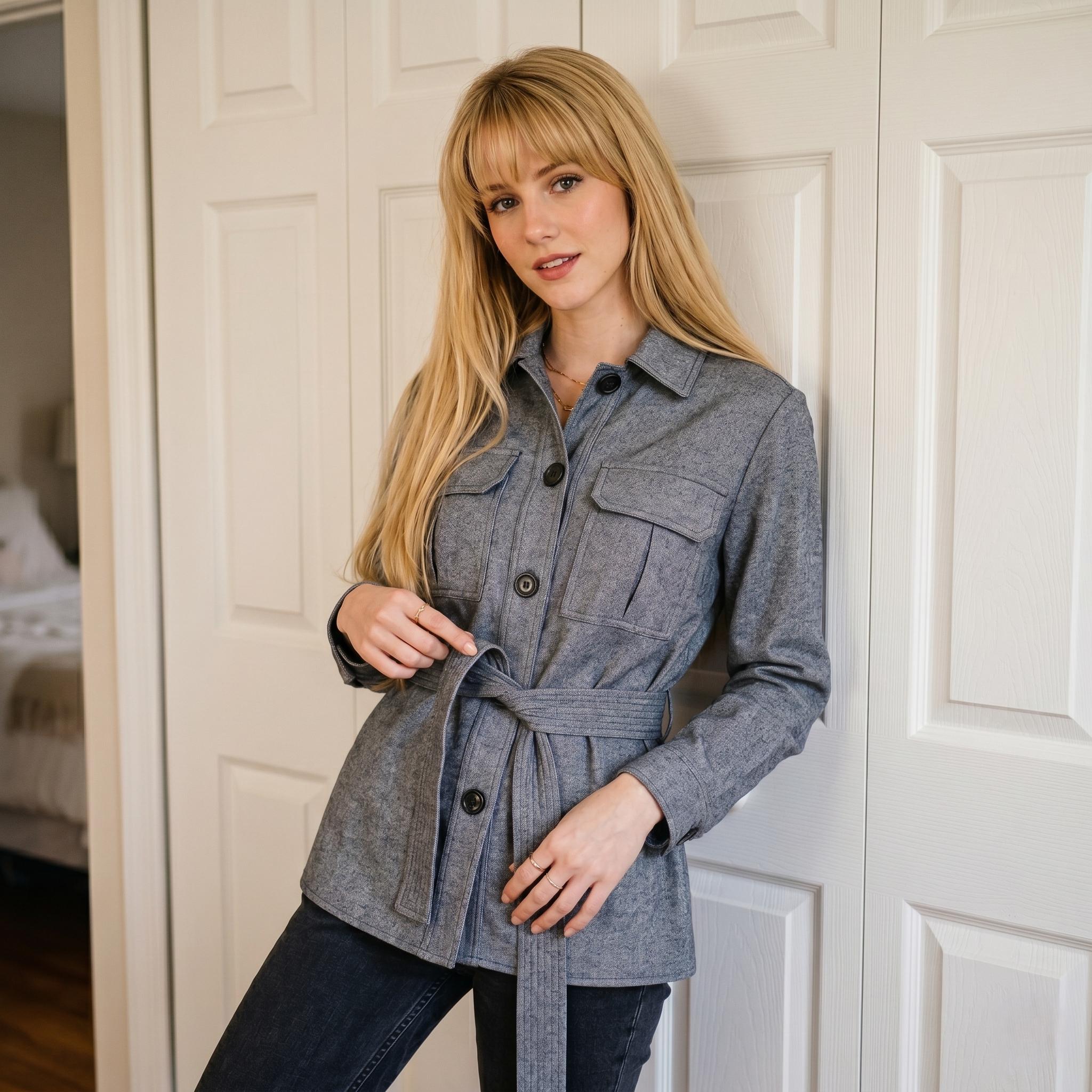 ジャケット・アウター DKNY archive vintege cotton jacket DKNY Women 2 Belted Utility Jacket Gray Chambray Button Down