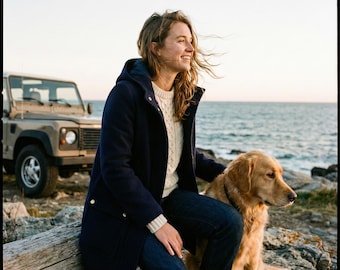 J.Crew Navy Wool Blend Hooded Coat Womens 12 Zip Button 4 Pocket Lined Heritage