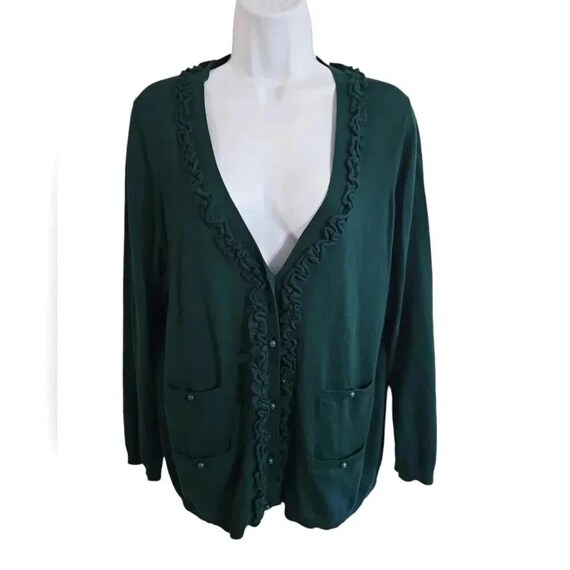 TALBOTS Forest Green Ruffle Trim Button Cardigan … - image 2
