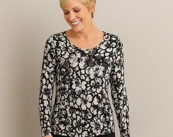 Simply Vera Vera Wang Petit haut fleuri noir blanc à manches longues, style chic moderne