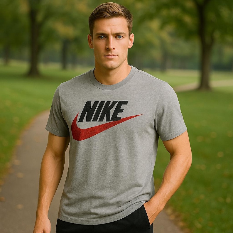 Pu&ograve; includere: Una maglietta grigia girocollo con il logo Nike in nero e rosso. La maglietta a maniche corte &egrave; indossata con pantaloni neri. Lo sfondo &egrave; una scena all'aperto sfocata con alberi e un sentiero.