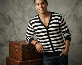 Jordan Craig Men XL Cardigan Black White Striped Cotton Knit V-Neck Preppy Retro