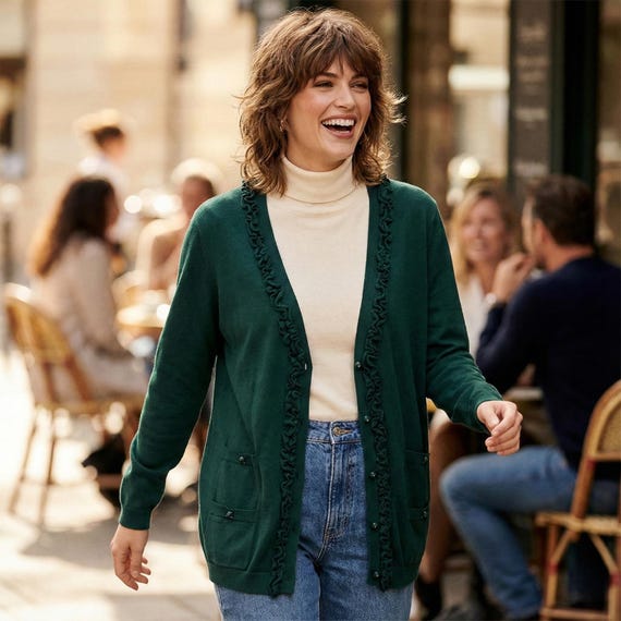 TALBOTS Forest Green Ruffle Trim Button Cardigan … - image 1