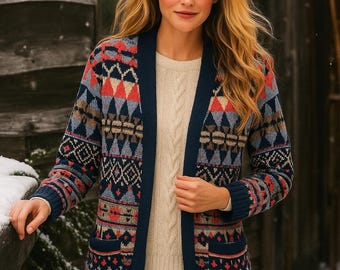 L.L. Bean Fair Isle Cardigan Sweater Women L Cotton Nordic Knit Coastal Preppy