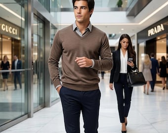 Banana Republic Mens Large Sweater Brown Silk Cotton Solid V-Neck Elevated Prep