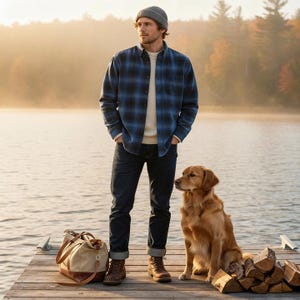 May include: A man wearing a blue plaid shirt, jeans, and a gray beanie stands on a wooden dock next to a golden retriever. A canvas and leather duffel bag and firewood are also on the dock. The background features a lake and trees.