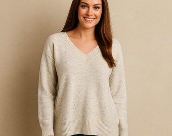 LOFT Mały szary niebieski cętkowany sweter z dzianiny z dekoltem w serek Klasyczny styl preppy Old Money