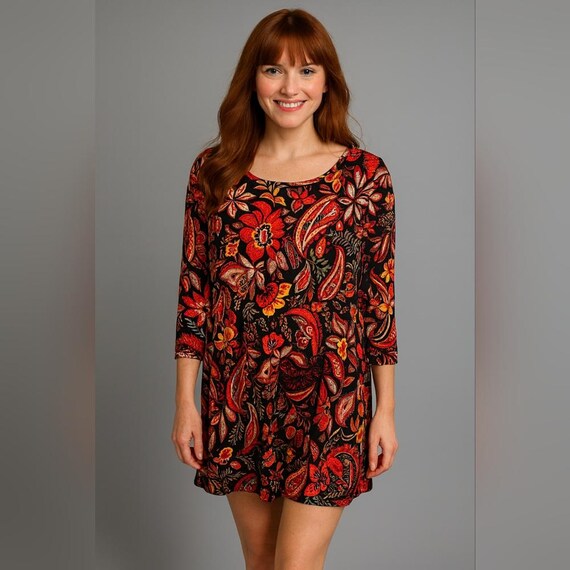 Yarn & Sea Women M Swing Dress Black Floral Jersey Knit Boho Retro Cottage Prep