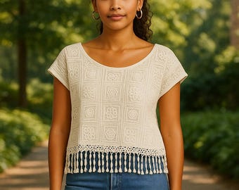 Sombra de ojos Boho Encaje Flecos Festival Campesino Top Blanco Transparente Verano Mujer Grande