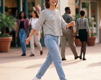 Blusa feminina W5 Anthropologie, tamanho G, preta e branca, com estampa geométrica, estilo mod, preppy e retrô.