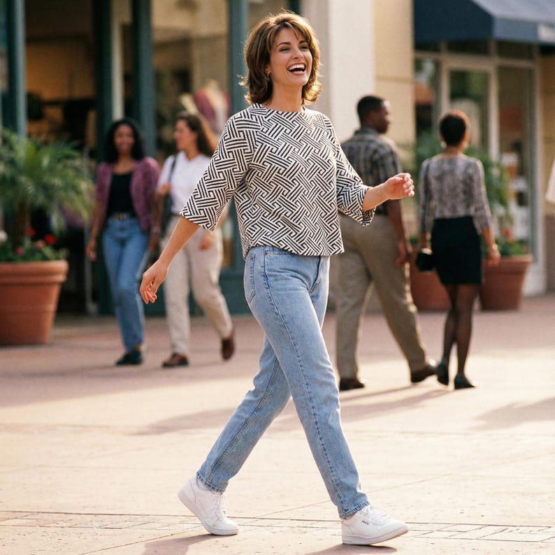 May include: A woman wearing a black and white geometric patterned top, light blue jeans, and white sneakers walks on a paved walkway. Other people are in the background, some wearing jeans and skirts.
