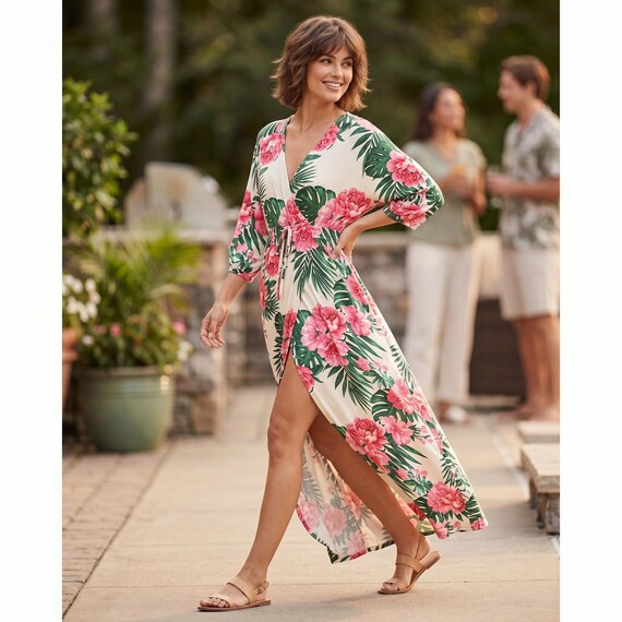 venus boho dresses Women M Maxi Dress White Pink Green Rayon Tropical Floral Slit Iconic edged skirt with a diy sewing Black Mesh Rhinestone Backless Size:Regular 18 (XXL)