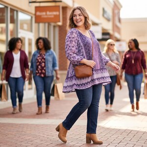 Könnte beinhalten: Eine langärmelige, violett gemusterte Tunika mit V-Ausschnitt, kombiniert mit einer dunkelblauen Jeans und hellbraunen Stiefeletten. Eine kleine Umhängetasche aus braunem Leder mit einem dünnen Riemen wird über der Schulter getragen.
