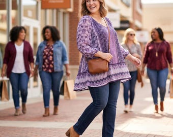 Camicetta Lane Bryant da donna, modello boho floreale patchwork, viola, fluida e di grande effetto, taglia 18/20.