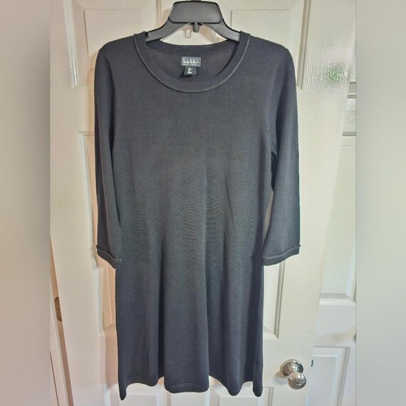 Nicole Miller New York Women L Black Merino Wool Knit Dress 3/4 Sleeve Quiet Lux