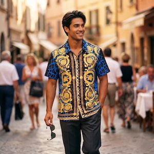 dress shirt semi formal baroque attire for men Elegant Classic Design Luxury Printed Button-up Metallic Printed Baroque Long Sleeve Jonvidesign tailored layer designed for a striking Barabas Men's Rhinestone Baroque Shirt