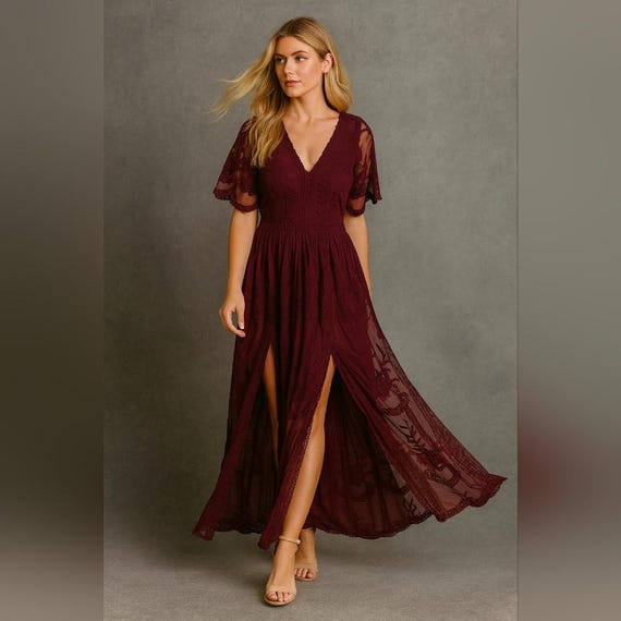 Dainty Hooligan Women Small Maxi Dress Burgundy Lace Sheer Romper Statement Boho
