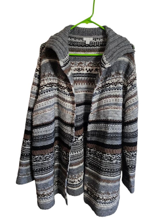 J.jill Women's Large Gray Striped Open Front Chunky Knit Cardigan