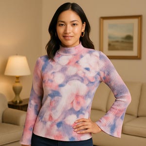 Puede incluir: Una blusa de punto acanalado de manga larga con cuello alto y mangas acampanadas. La blusa presenta un estampado tie-dye en tonos rosa, azul y blanco. La modelo lleva pendientes de aro dorados.