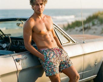 Męskie kąpielówki Chubbies w kolorze czarnym z tropikalnymi kwiatami, rozmiar L, długość nogawki wewnętrznej 7 cali, plaża, basen