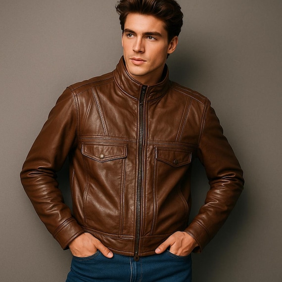 American Male Vintage 80s Brown Leather Bomber Moto Jacket Size 40