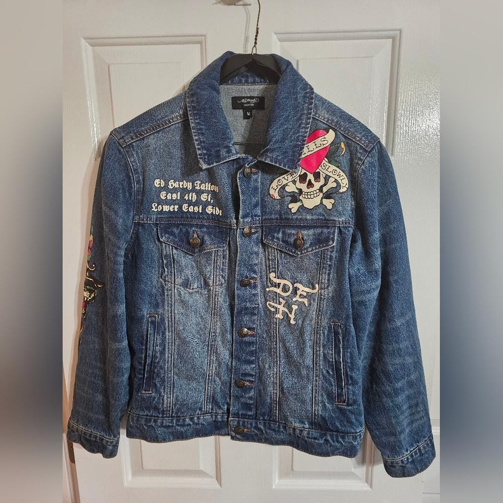 Ed Hardy Unisex M Denim Trucker Jacket Love Kills Slowly Rare