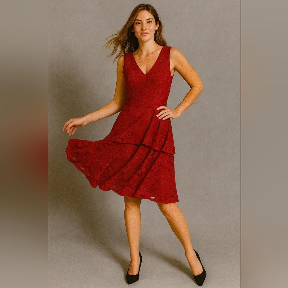 Danny and Nicole Women's 12 Red Lace Tiered Midi Dress Sparkle Fit Flare Formal
