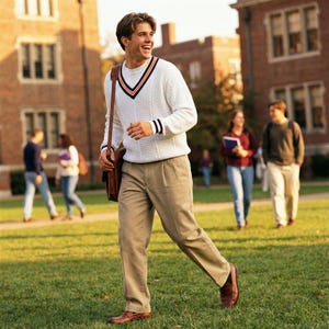 May include: A person wearing a white sweater with a V-neck design and black and orange stripes, khaki pants, and brown shoes. The person is carrying a brown leather bag and walking on a grassy area. Other people are walking in the background.