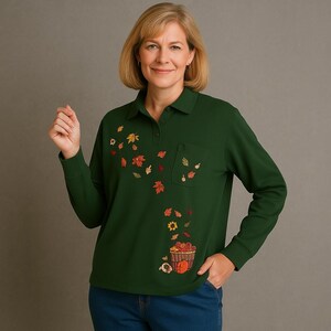 Suéter grande vintage de Karen Scott de los años 90 con cuello de parche de calabaza y bellota verde otoñal