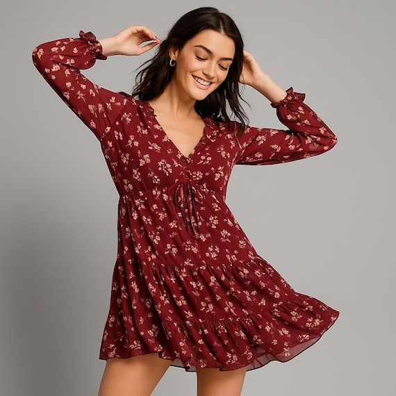 strapless open back dress Floral Print Tiered Dress - Smocked Bodice
