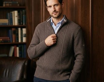 DKNY Jeans Herr M 1/4 Dragkedja Träkol Ribbad Bomull Tidlös Tyst Lyx