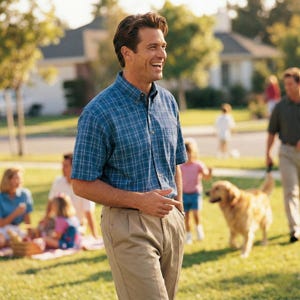 Puede incluir: Un hombre con una camisa azul a cuadros y pantalones color caqui sonríe al aire libre. Un perro golden retriever está en el fondo, junto con otras personas disfrutando del sol.