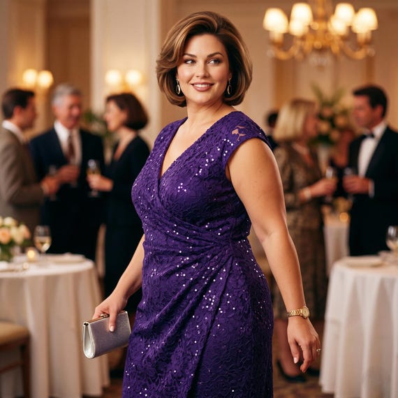 dressbarn ladies dresses Woman Size 20 Purple Lace Sequin Draped Knee Dress Investment Regency Armpit To Cuff-13