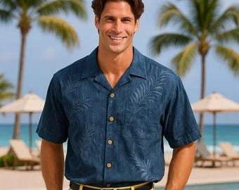 Banana Cabana Men XL Blue Silk Hawaiian Shirt Palm Leaf Button Down Vacation VTG