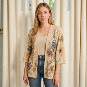 May include: A beige floral print cardigan with three-quarter sleeves. The cardigan features a variety of flowers in shades of brown, blue, and beige. The cardigan is worn over a beige vest top and blue jeans.
