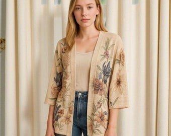 Gaze Floral Knit Cardigan Large Beige Open Front Boho Peasant Cottagecore Y2K