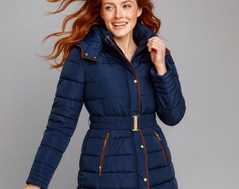 Ellen Rose Women's Navy Quilted Belted Puffer Coat Hooded Long Size M Classic