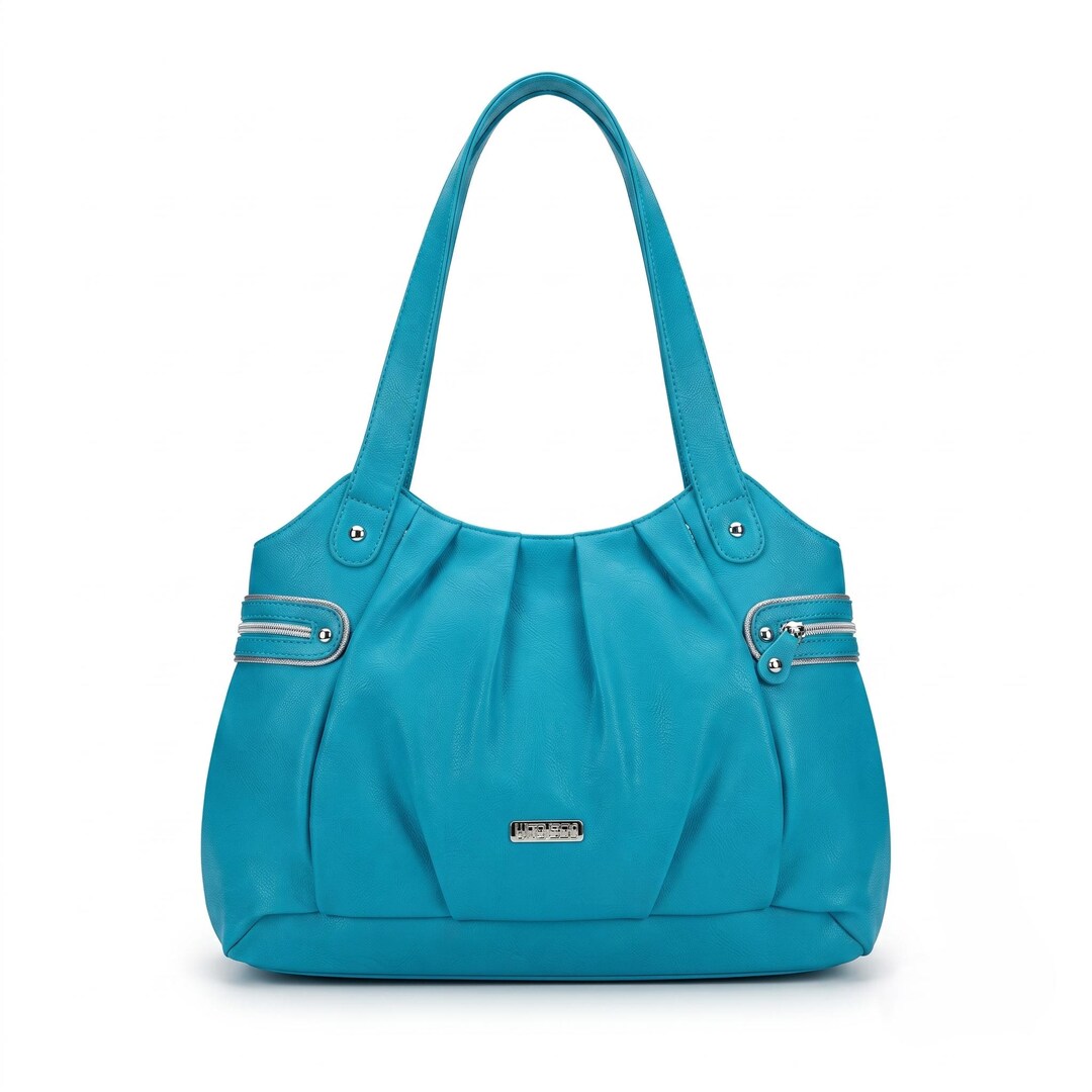 Nine & Co Women Teal Shoulder Bag Pleated Faux Leather Tote Y2K
