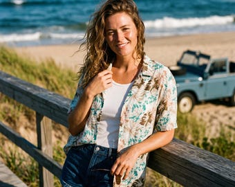 Anthropologie Jane + Delancey - Blusa con bottoni in rayon floreale, stile boho resort chic, taglia L