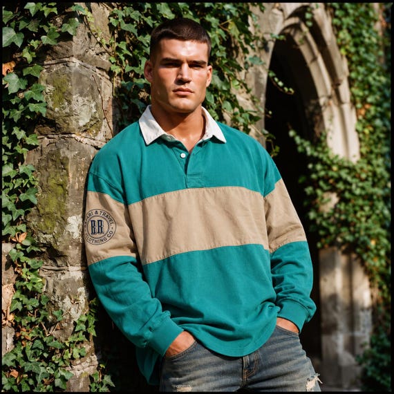 Banana Republic, Banana Republic Safari & Travel Mens M Vintage Oversized Teal Tan Rugby Shirt