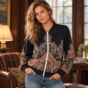 May include: A navy blue bomber jacket featuring a white front zipper and a detailed, multi-colored floral and paisley pattern in shades of red, orange, and beige. The jacket has long sleeves, a ribbed collar, and ribbed cuffs.