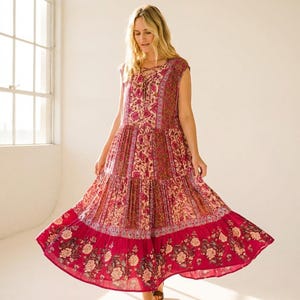 Free People Womens L Maxi Dress Pink Floral Patchwork Lace Up Tiered Boho Festival image 1