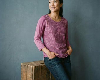 Lucky Brand Damen Medium Purple bestickte Langarm Boho Top Peasant Y2K