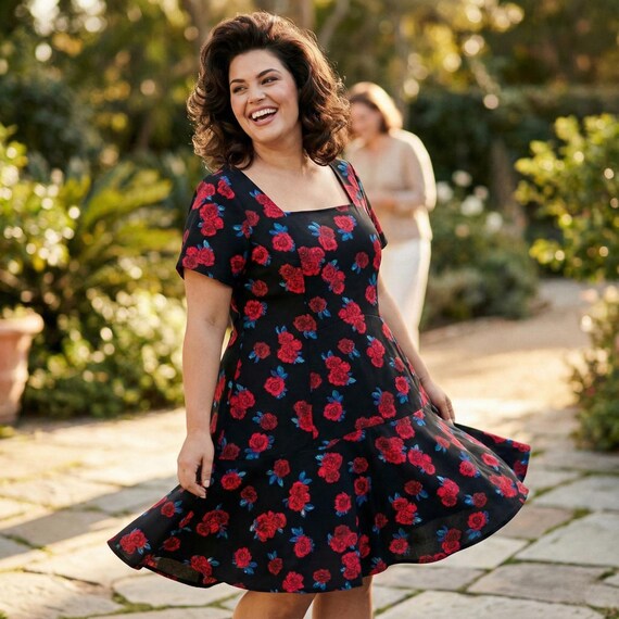 red and black fit and flare dress Women's Outfit: Burgundy Velvet Fit and Flare Dress, Black Leather Pumps, Black Tights, Gold Earrings